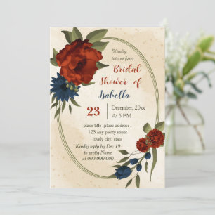 burnt orange navy flowers botanical bridal shower invitation