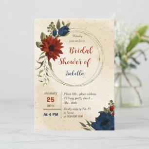 burnt orange navy flowers botanical bridal shower invitation