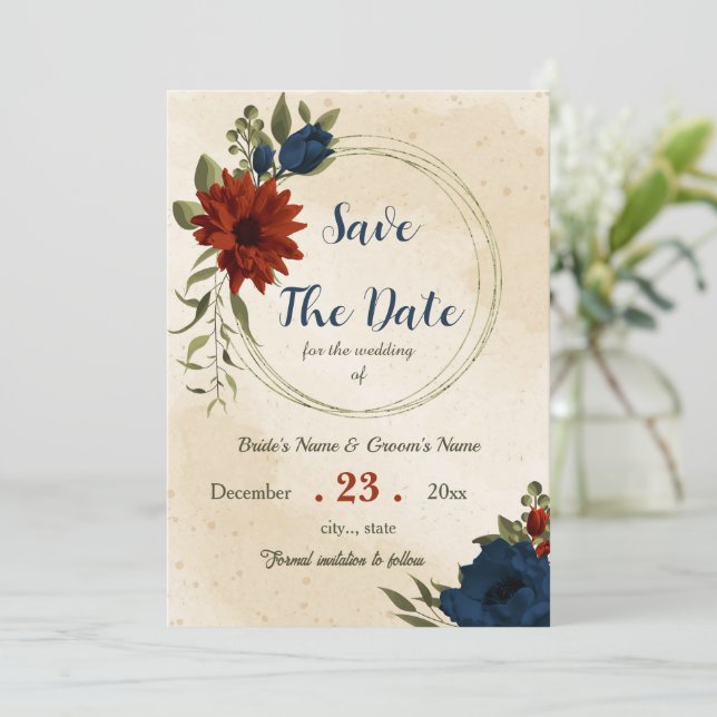burnt orange navy flowers botanical save the date (Standing Front)