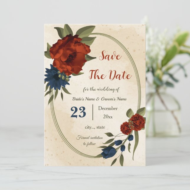 burnt orange navy flowers botanical save the date (Standing Front)