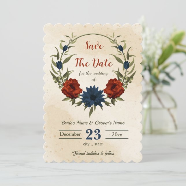 burnt orange navy flowers botanical save the date (Standing Front)