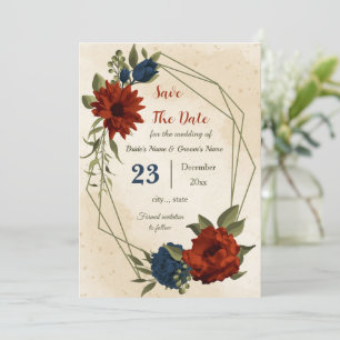 burnt orange navy flowers botanical save the date