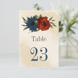 burnt orange navy flowers botanical table number