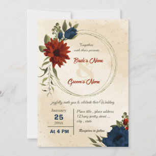 burnt orange navy flowers botanical wedding  invitation