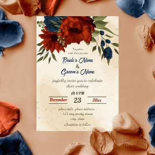 burnt orange navy flowers botanical wedding  invitation
