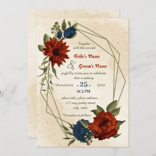 burnt orange navy flowers geometric wedding  invitation