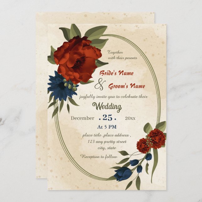 burnt orange navy flowers geometric wedding  invitation (Front/Back)
