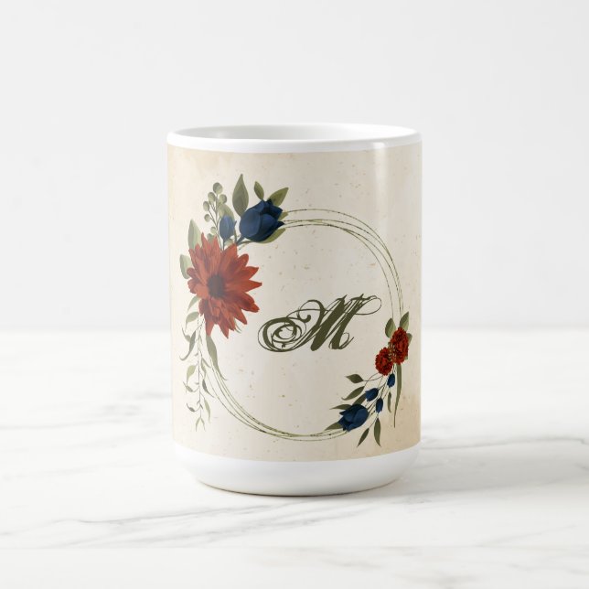 burnt orange & navy flowers greenery coffee mug (Center)