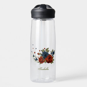 burnt orange & navy flowers greenery water bottle
