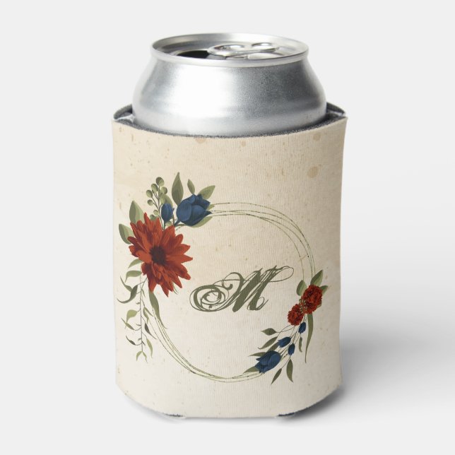 burnt orange & navy flowers greenery wedding can cooler (Can Front)