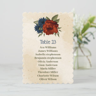 burnt orange navy flowers seating chart card