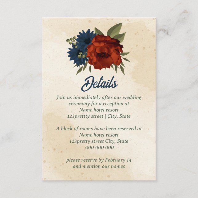 burnt orange navy flowers wedding enclosure card (Front)