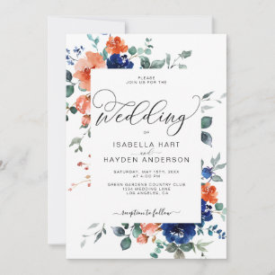 Burnt Orange Navy Rust Floral Watercolor Wedding Invitation