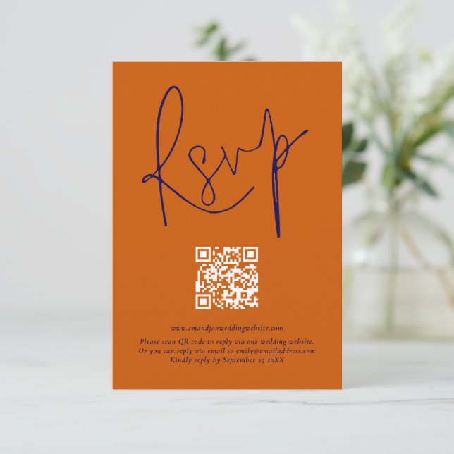 Burnt Orange Navy Script Qr Code Wedding RSVP Card (Standing Front)