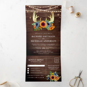 Burnt Orange Navy Sunflowers Antler Wood Wedding Tri-Fold Invitation