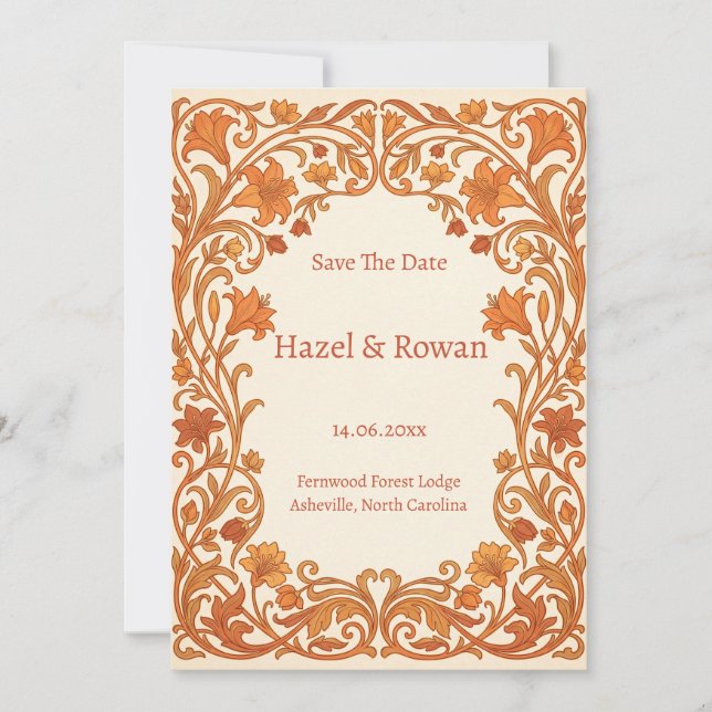 Burnt Orange Ornate Floral Save the Date Invitation (Front)