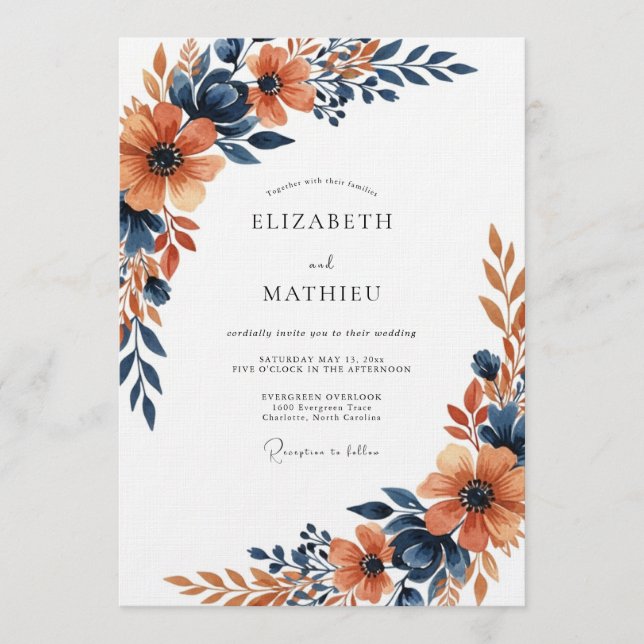 Burnt Orange Painterly Floral Wedding Invitation (Front)
