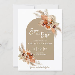 Burnt orange pampas grass dried palm boho arch invitation