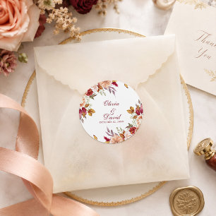 Burnt Orange & Peach Autumn Floral Wedding Favour Classic Round Sticker