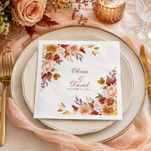 Burnt Orange & Peach Autumn Floral Wedding Napkin