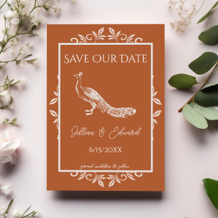 Burnt Orange Peacock Flourish Save The Date Announcement