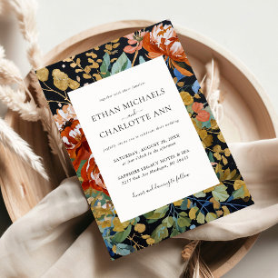 Burnt Orange Peonies Floral Gold Painting Wedding Invitation