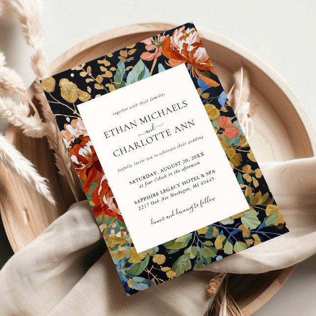 Burnt Orange Peonies Floral Gold Painting Wedding Invitation (Creator Uploaded)