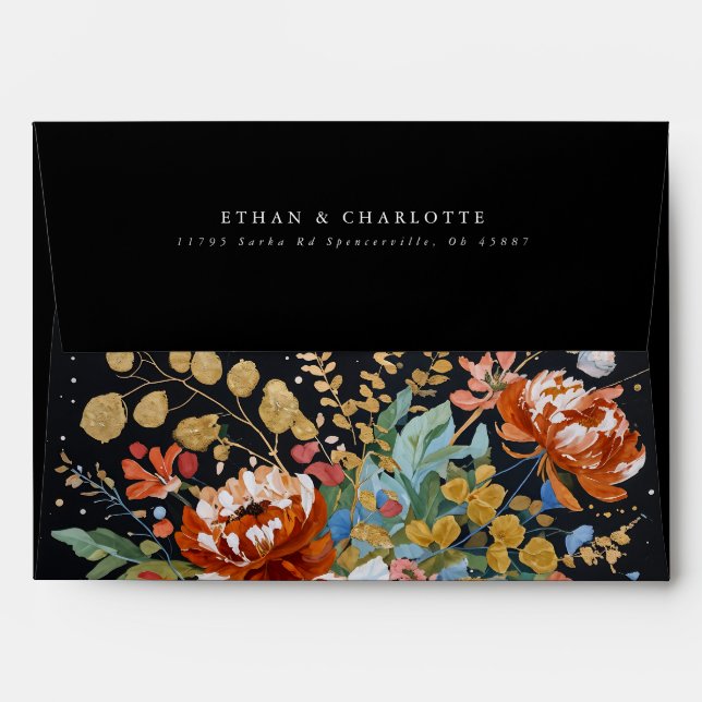 Burnt Orange Peonies Floral Painting Gold Wedding Envelope (Back (Top Flap))