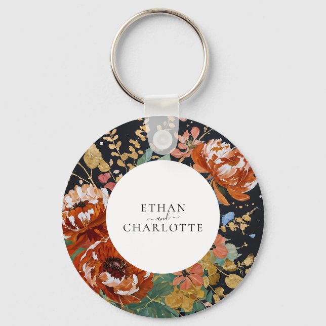 Burnt Orange Peonies Floral Painting Gold Wedding Key Ring (Front)