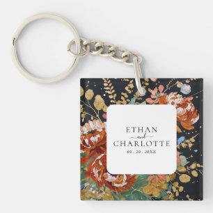 Burnt Orange Peonies Floral Painting Gold Wedding Key Ring