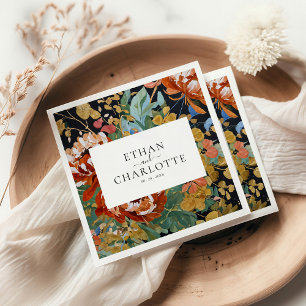 Burnt Orange Peonies Floral Painting Gold Wedding Napkin