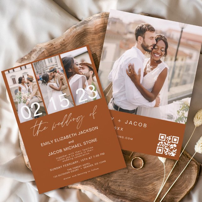 Burnt Orange Photo QR code Wedding Minimalist  Invitation (Creator Uploaded)