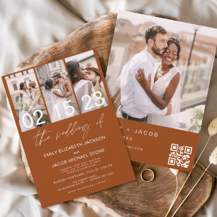 Burnt Orange Photo QR code Wedding Minimalist Invitation