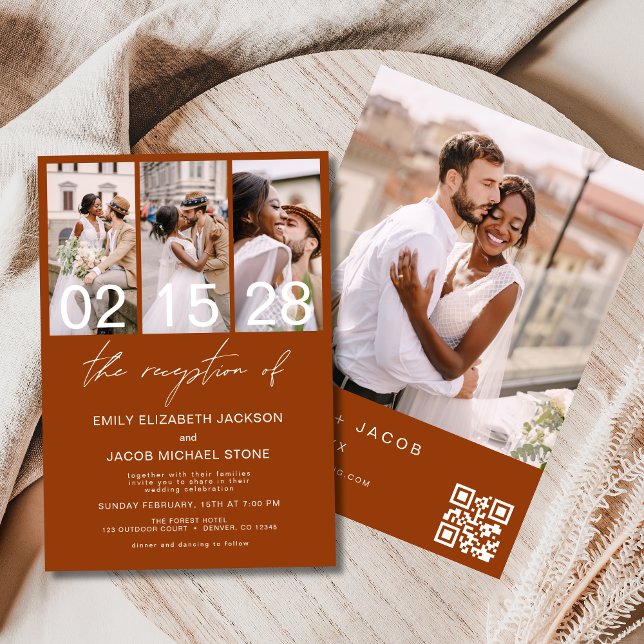Burnt Orange Photo QR code Wedding Minimalist  Invitation (Creator Uploaded)