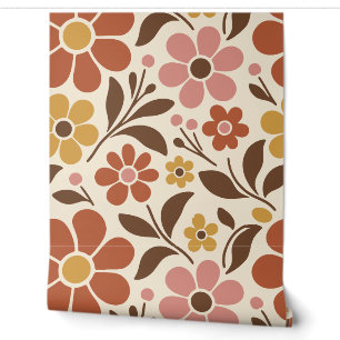 Burnt Orange, Pink and Brown Retro Boho Flower Wallpaper