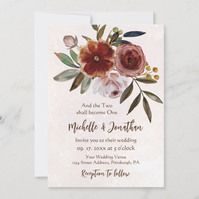 Burnt Orange Pink Rustic Floral Christian Wedding Invitation (Front)