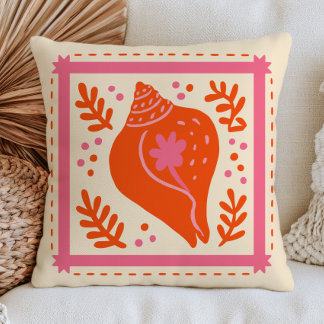 Burnt Orange& Pink Seashell Eclectic Nautical Cushion