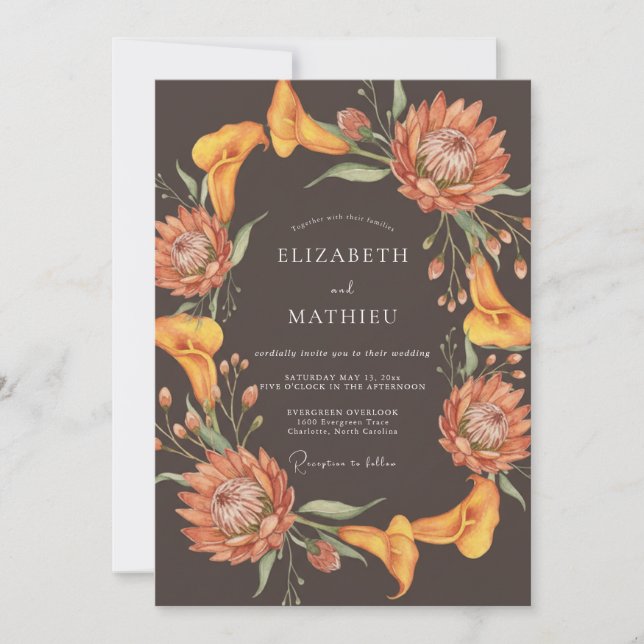Burnt Orange Protea Eucalyptus Wedding Invitation (Front)