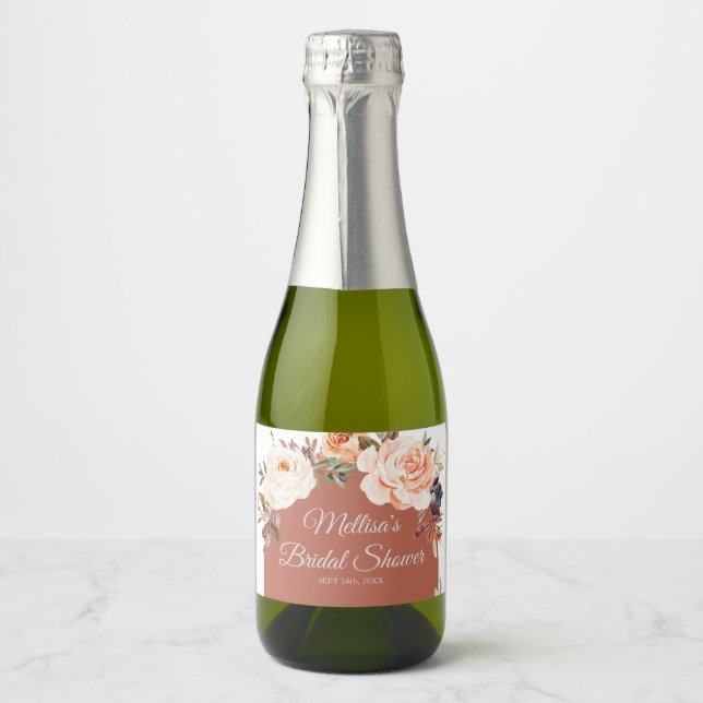 Burnt orange pumpkin floral Mini Sparkling Wine Label (Front)