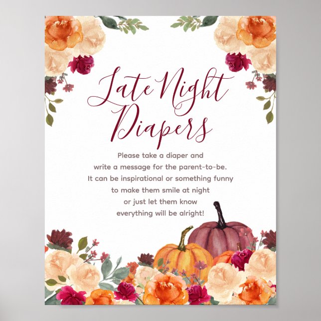 Burnt orange Pumpkin Floral Night Diapers Sign (Front)