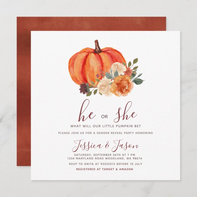 Burnt Orange Pumpkin Gender Reveal Party Invitation (Front/Back)