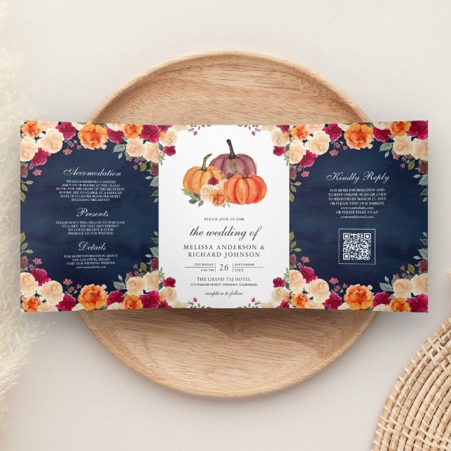 Burnt Orange Pumpkin Navy Blue QR Code Wedding Tri-Fold Invitation (Creator Uploaded)