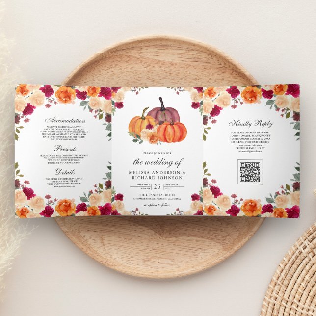 Burnt Orange Pumpkin QR Code Wedding Tri-Fold Invitation (Creator Uploaded)