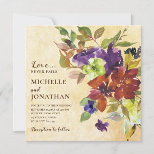 Burnt Orange Purple Floral Christian Wedding Invitation