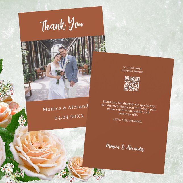 Burnt orange QR code wedding photo thank you card (Creator Uploaded)