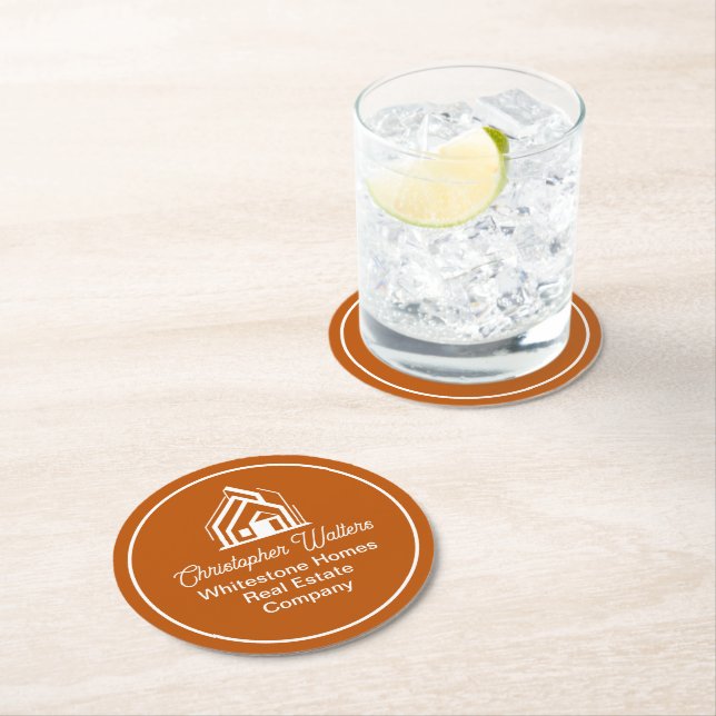 Burnt Orange Real Estate Company Custom Realtor Round Paper Coaster (Insitu)