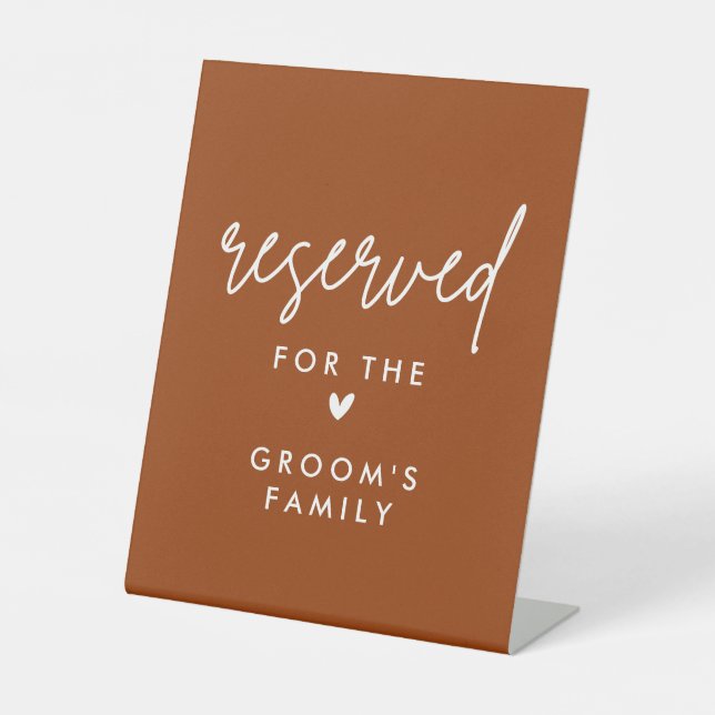 Burnt Orange Reserved Groom Family Wedding Table Pedestal Sign (Front)