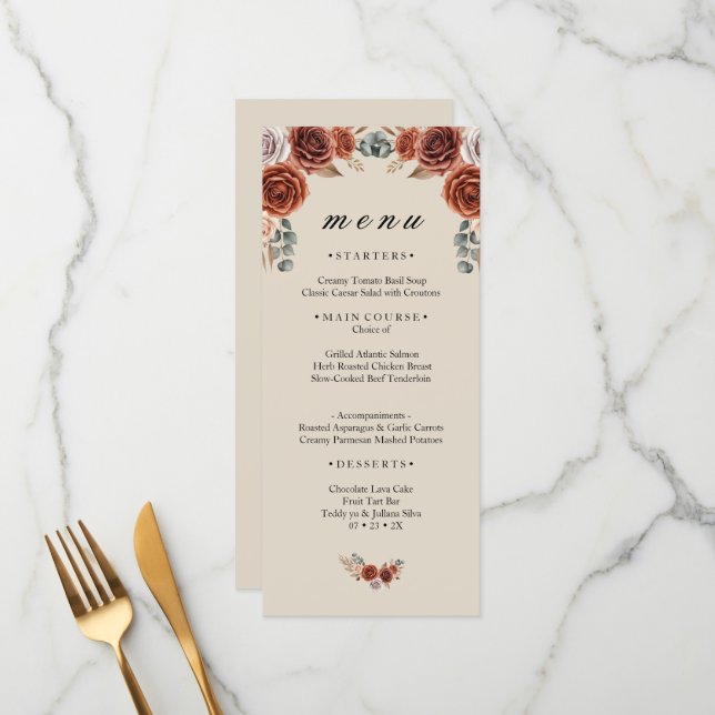 Burnt Orange Rose and Pampas Grass Wedding Dinner  Menu (Front/Back In Situ)
