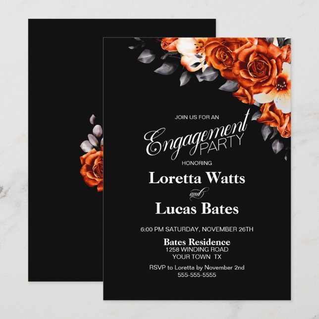 Burnt Orange Rose Floral Black Engagement Party Invitation (Front/Back)