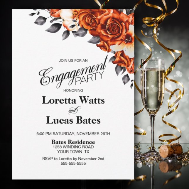 Burnt Orange Rose Floral Engagement Party Invitation (Creator Uploaded)